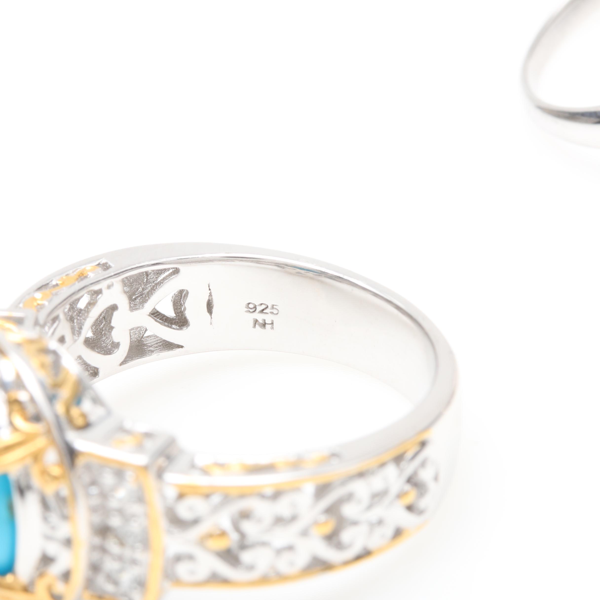 Silver Tone Bracelet and Sterling Silver Rings Including Garnet and Peridot