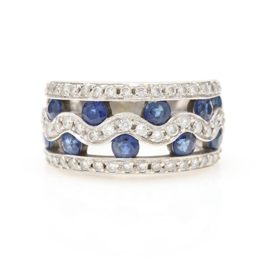 14K White Gold Blue Sapphire and Diamond Ring