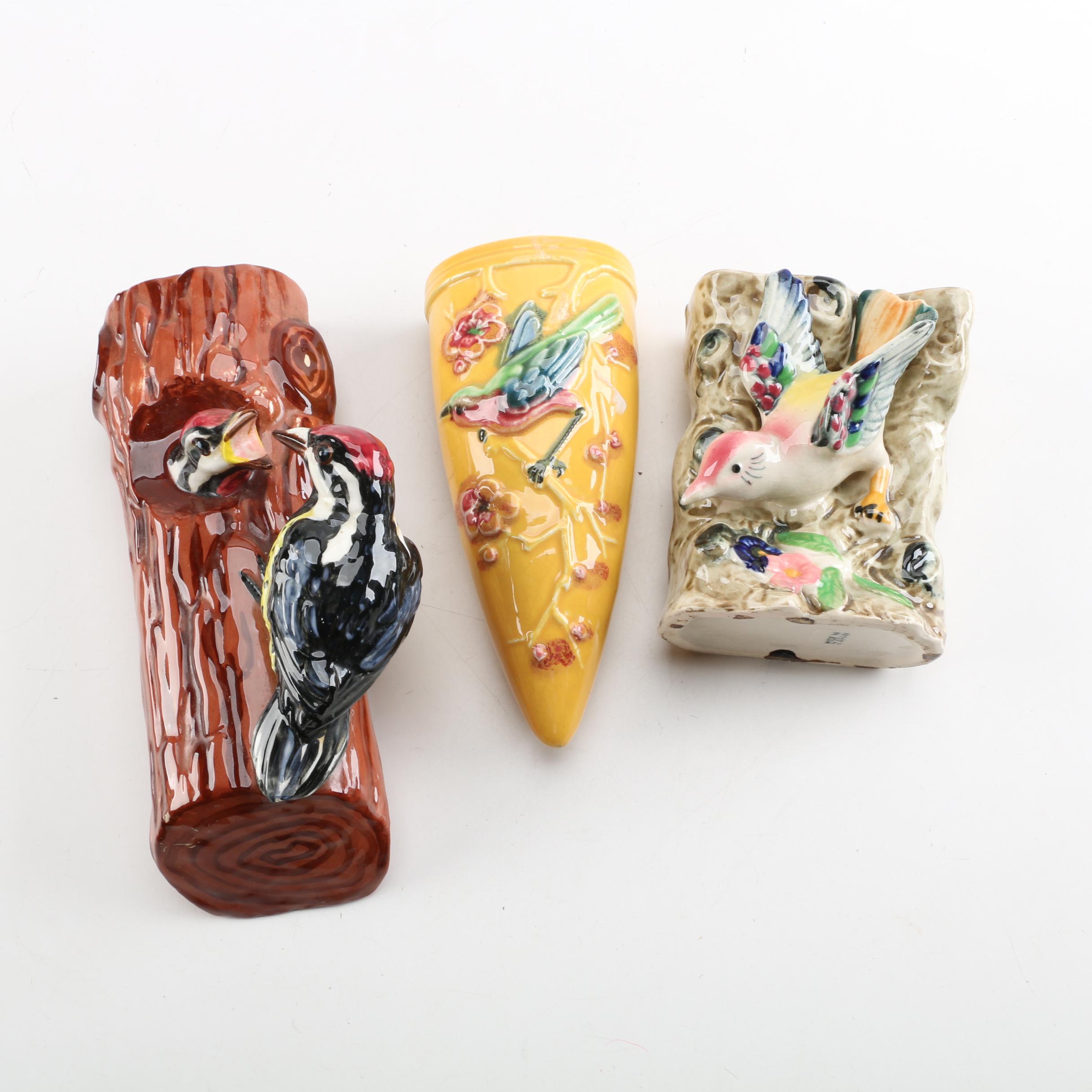 Vintage Japanese and Holland Mold Bird Ceramic Wall Pockets and Vase