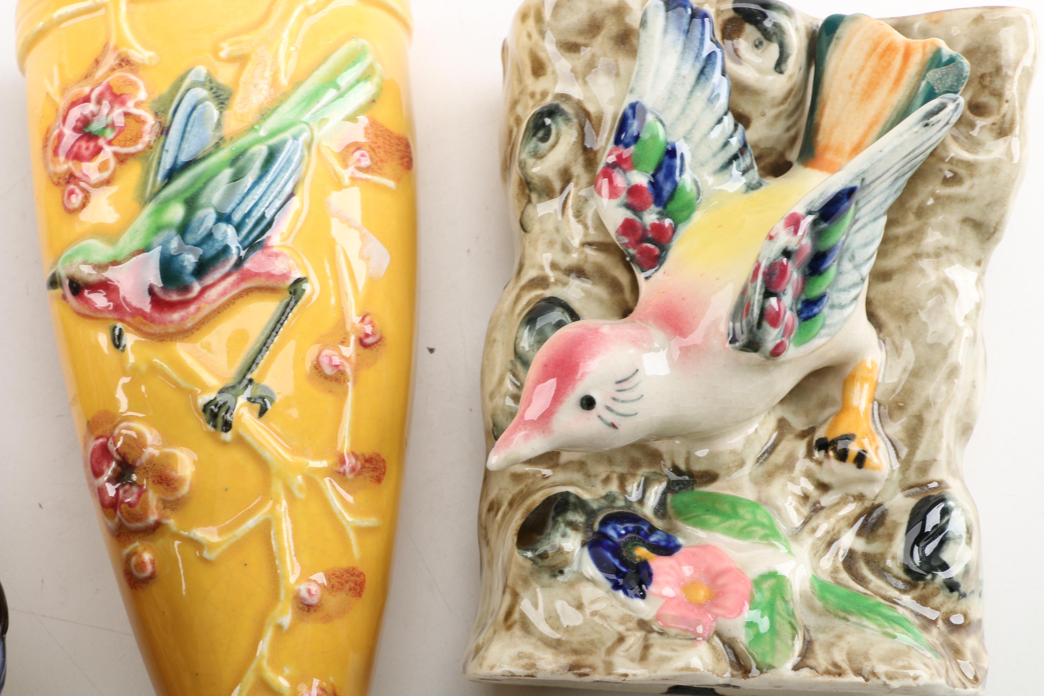 Vintage Japanese and Holland Mold Bird Ceramic Wall Pockets and Vase