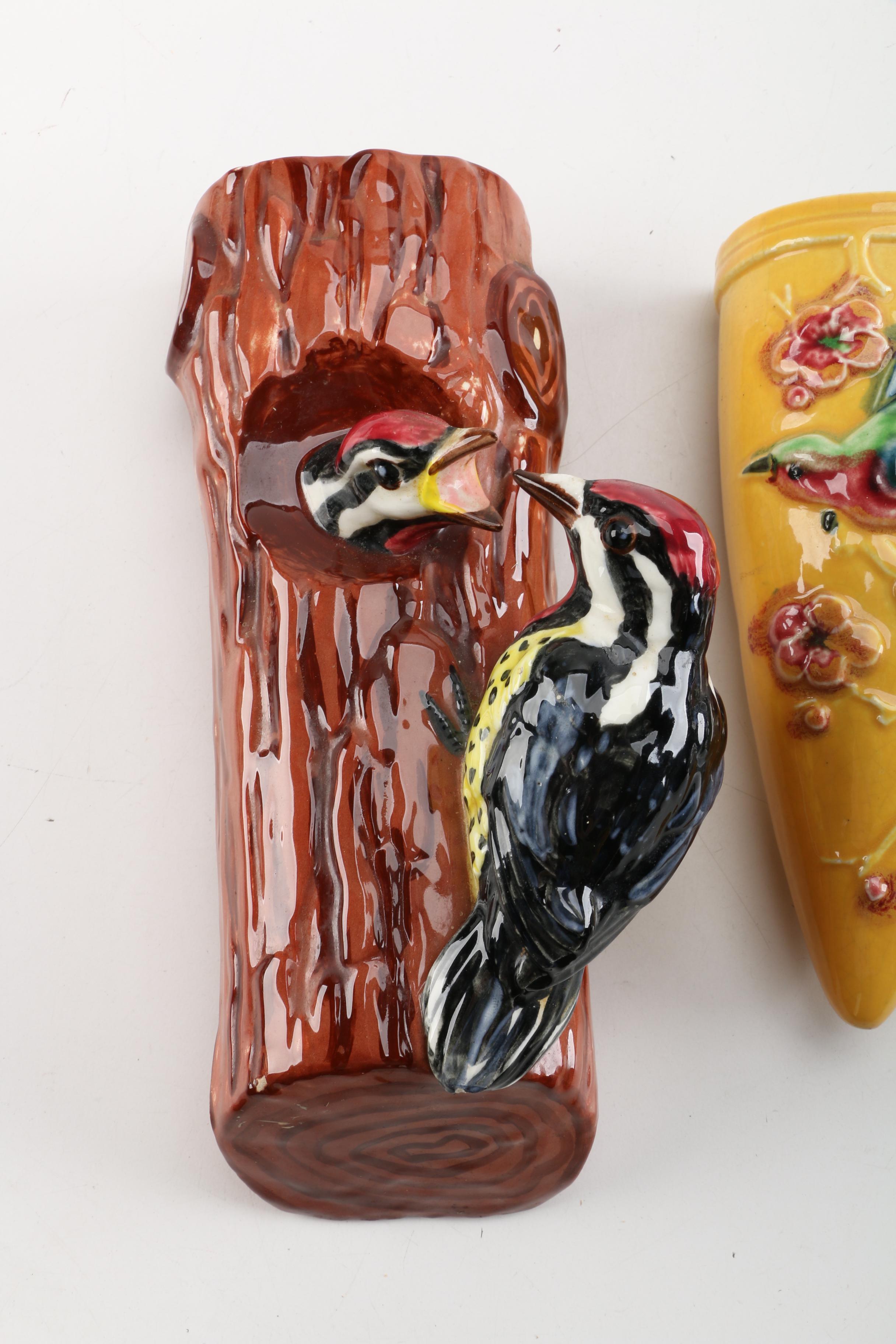 Vintage Japanese and Holland Mold Bird Ceramic Wall Pockets and Vase