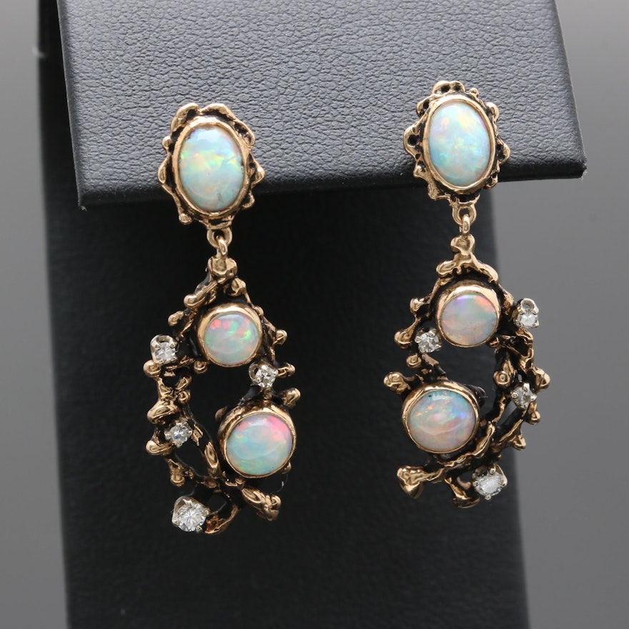 14K Yellow Gold Opal and Diamond Brutalist Style Earrings