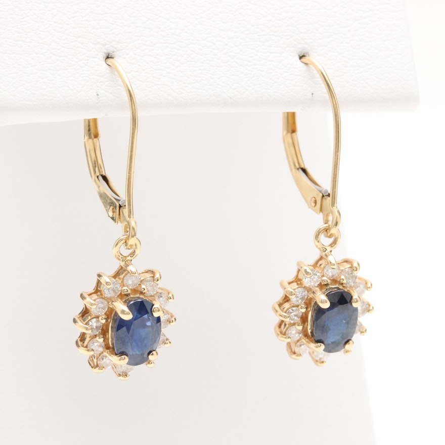 14K Yellow Gold Blue Sapphire and Diamond Dangle Earrings