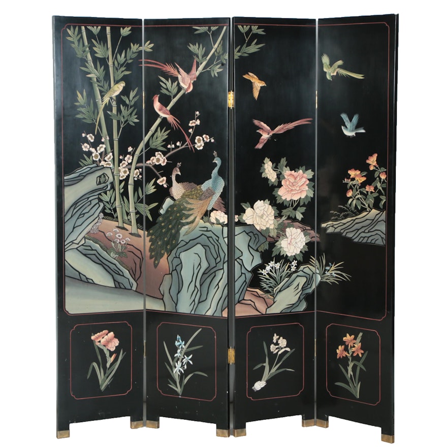 Vintage Chinese Coromandel Lacquer Wooden Screen