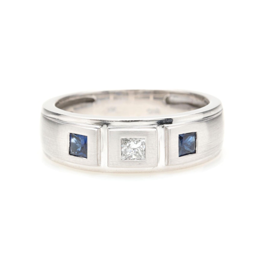 14K White Gold Diamond and Blue Sapphire Ring