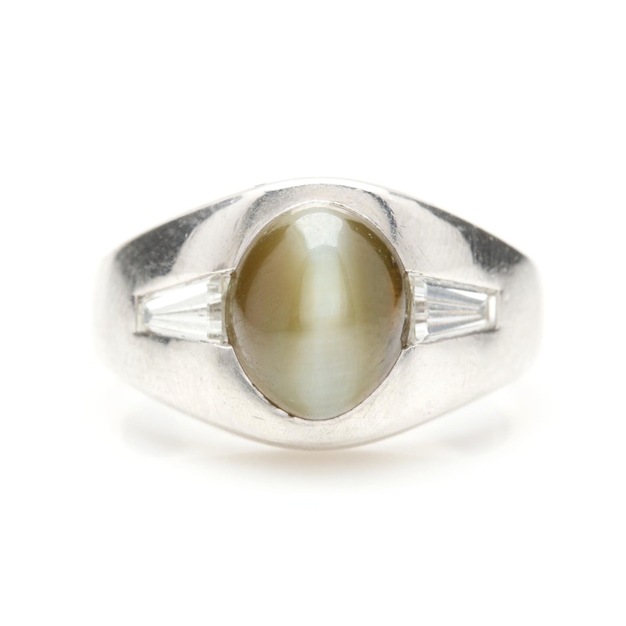 Platinum Cat's Eye Chrysoberyl and Diamond Ring