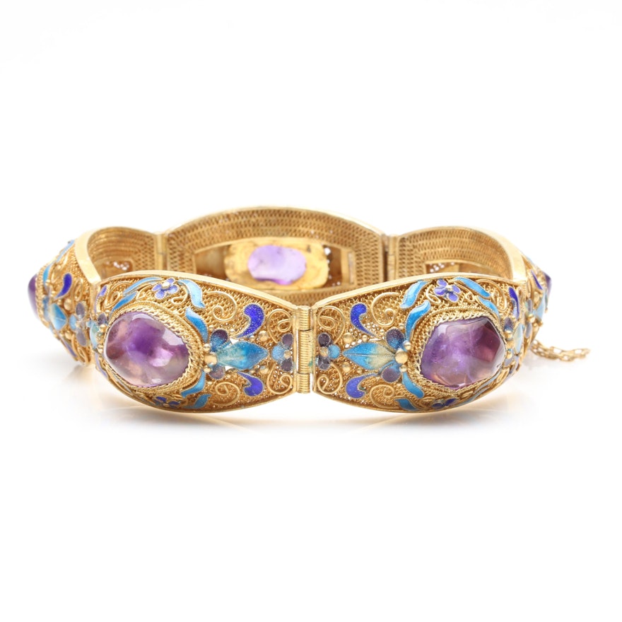 Vintage Chinese Gold Wash on Sterling Silver Amethyst and Enamel Bracelet