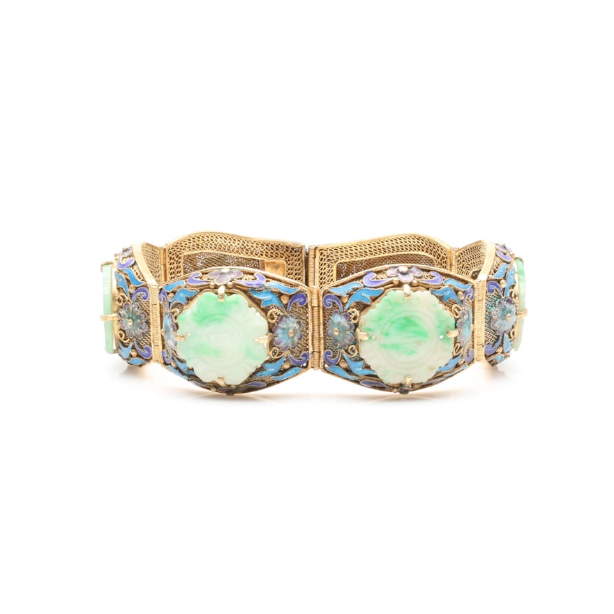 Vintage Chinese Gold Wash on Sterling Silver Jadeite and Enamel Bracelet