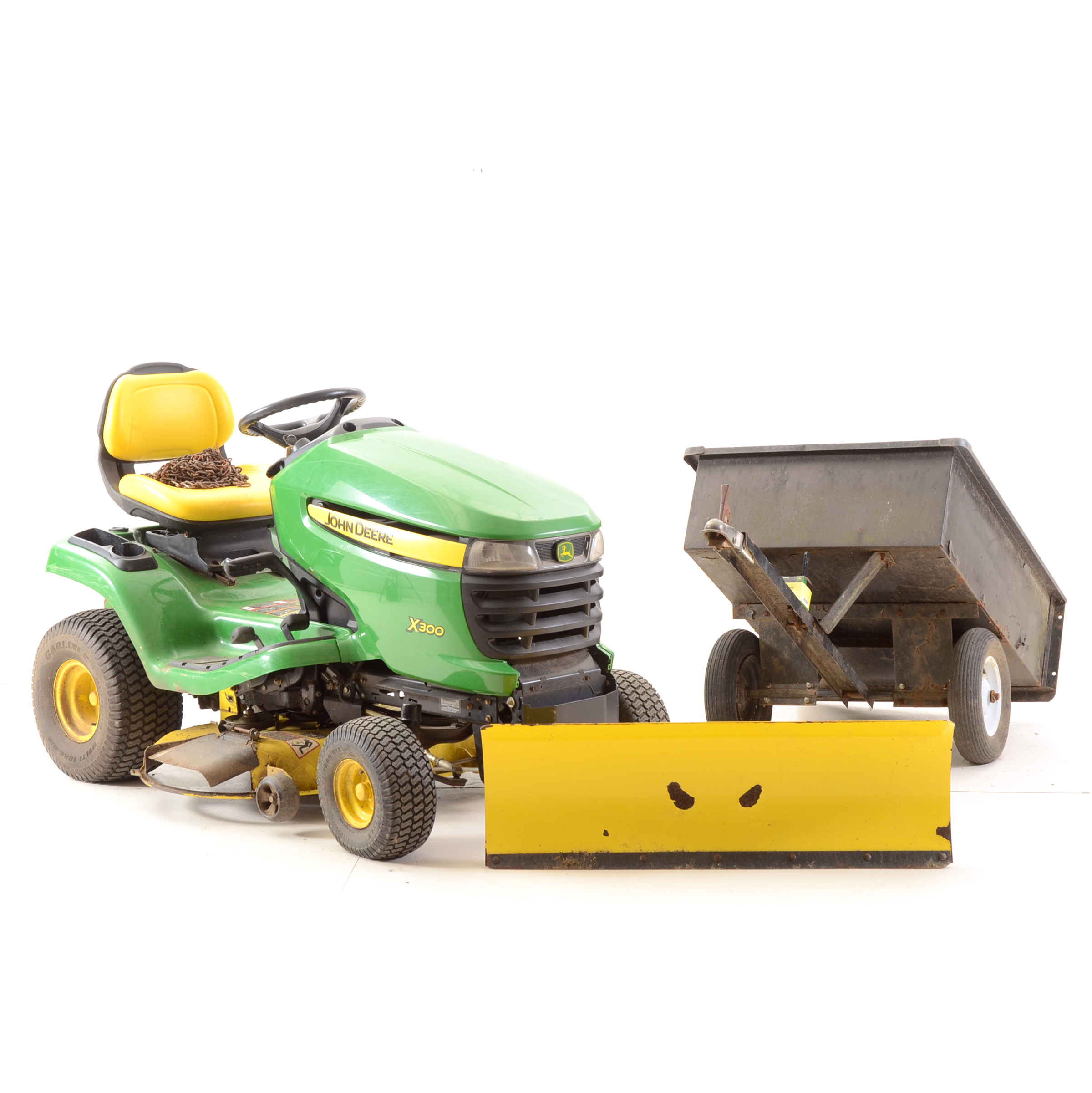 2010 John Deere Select Series X300 Riding Lawn Tractor with Snow Blade and Wagon