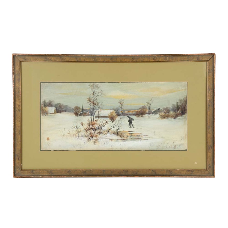 C.H. Compton Watercolor "Snow Scene Cabin Man with Kindling"