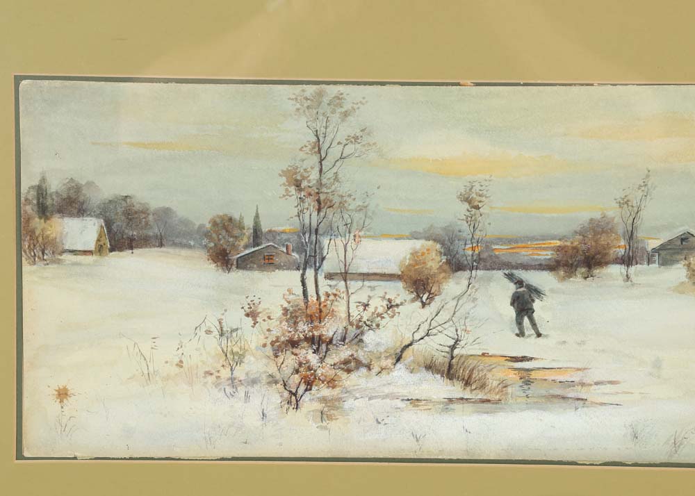 C.H. Compton Watercolor "Snow Scene Cabin Man with Kindling"
