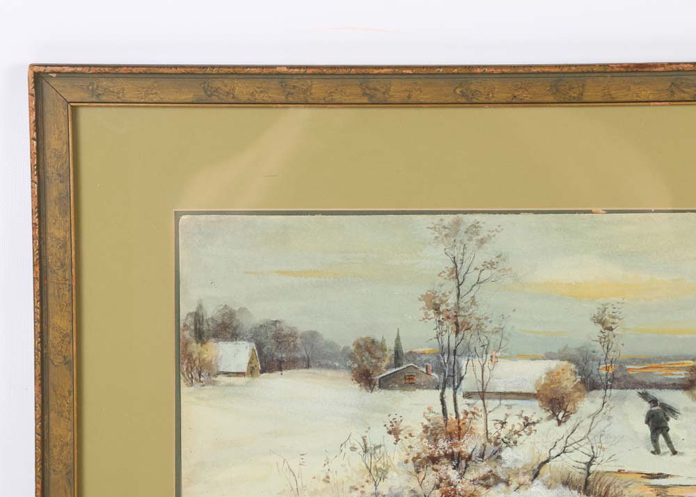 C.H. Compton Watercolor "Snow Scene Cabin Man with Kindling"