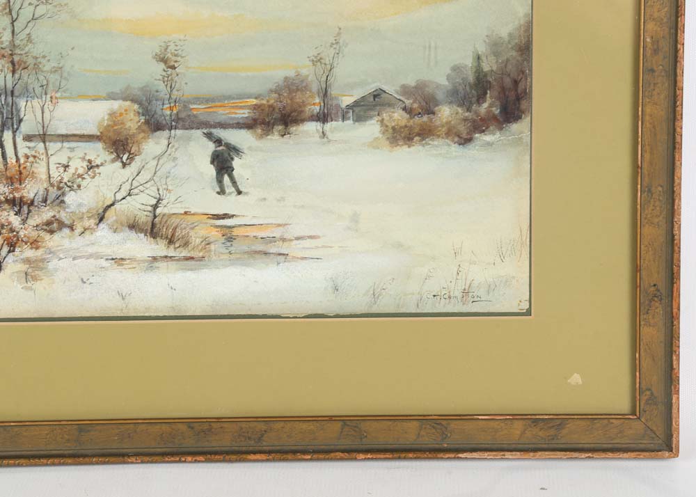 C.H. Compton Watercolor "Snow Scene Cabin Man with Kindling"