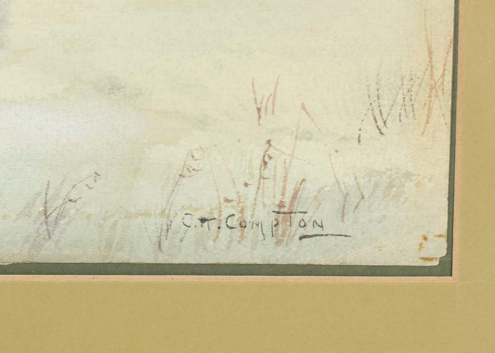 C.H. Compton Watercolor "Snow Scene Cabin Man with Kindling"