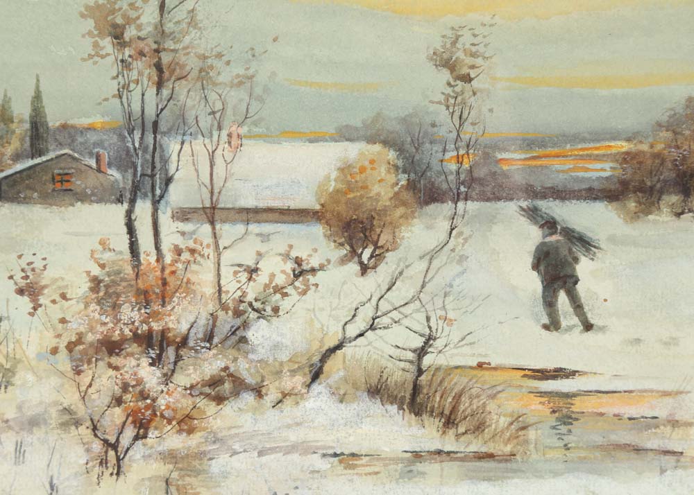 C.H. Compton Watercolor "Snow Scene Cabin Man with Kindling"