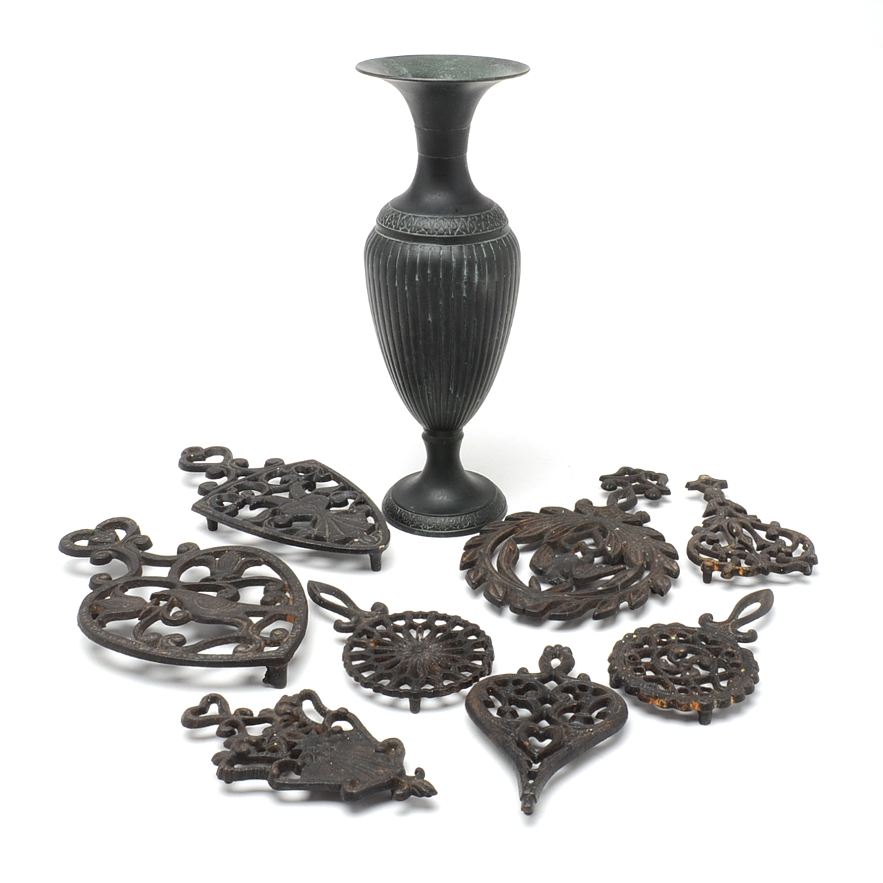 Metal Vase and Trivets
