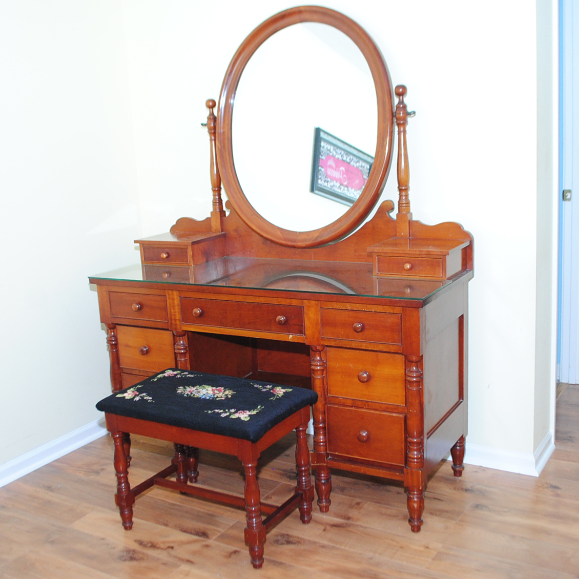 Vintage Cherry Vanity Table with Needlepoint Upholstered Stool