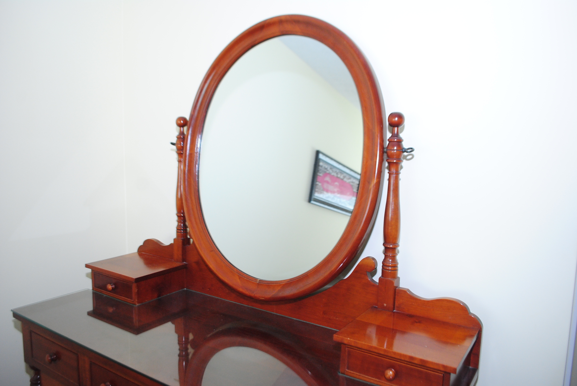 Vintage Cherry Vanity Table with Needlepoint Upholstered Stool