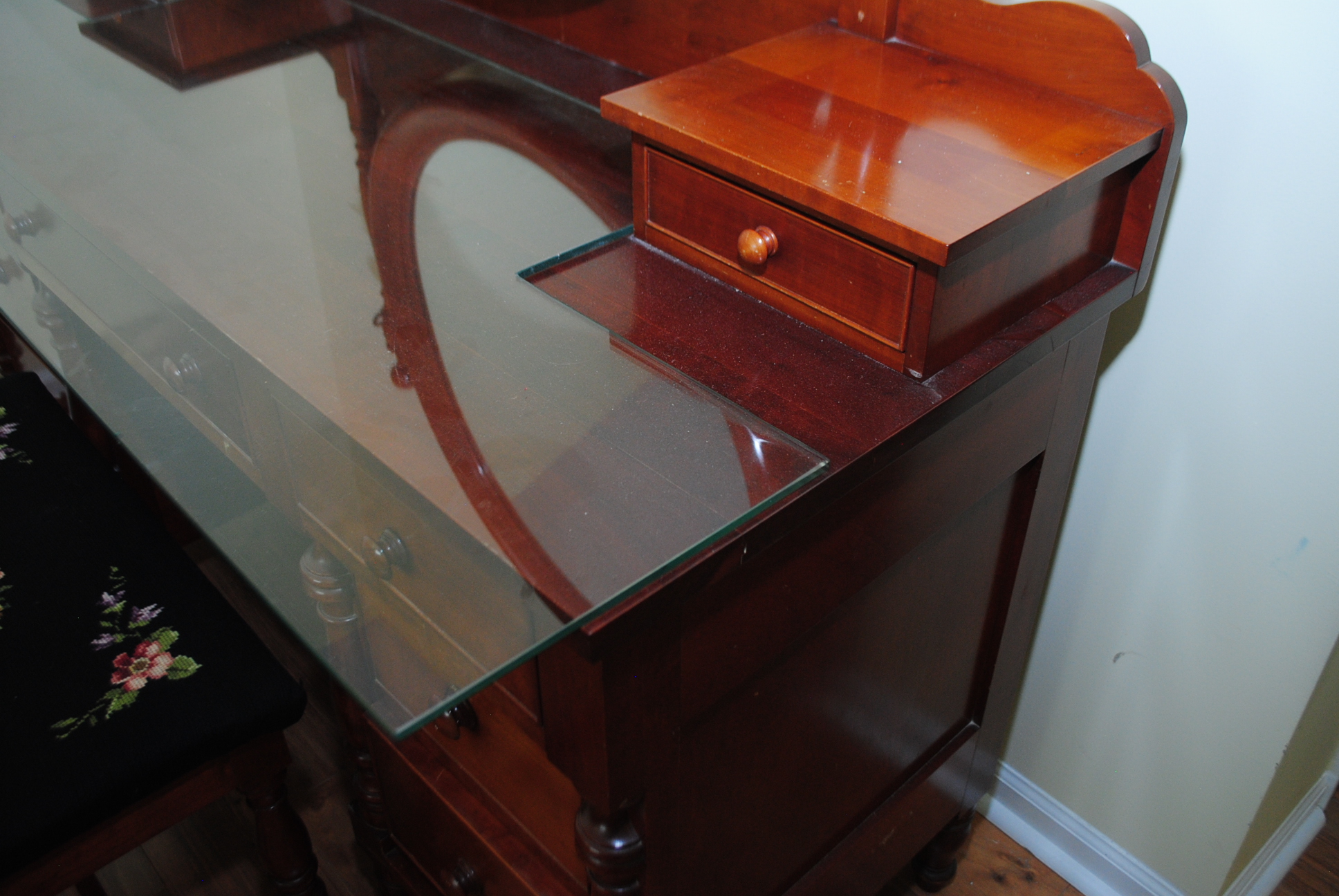 Vintage Cherry Vanity Table with Needlepoint Upholstered Stool
