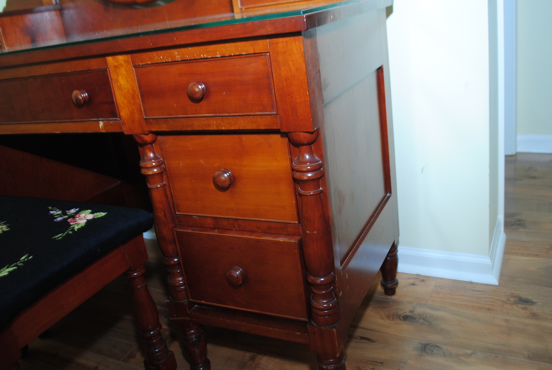 Vintage Cherry Vanity Table with Needlepoint Upholstered Stool