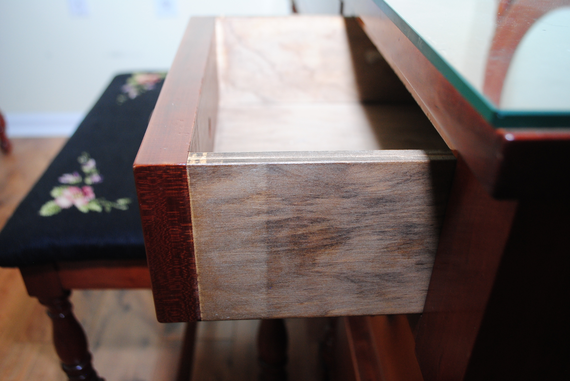 Vintage Cherry Vanity Table with Needlepoint Upholstered Stool