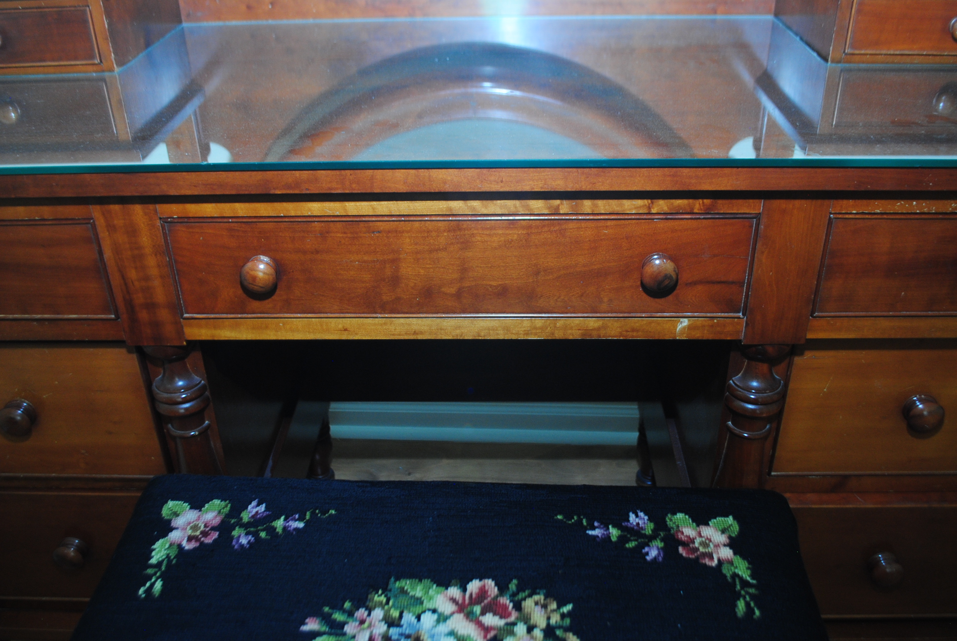 Vintage Cherry Vanity Table with Needlepoint Upholstered Stool