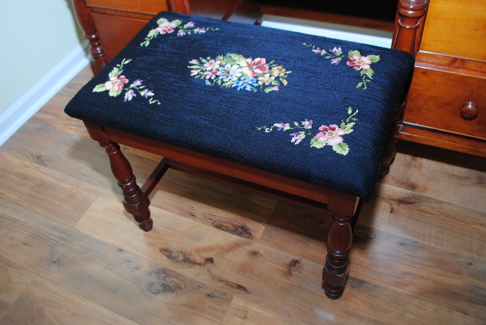 Vintage Cherry Vanity Table with Needlepoint Upholstered Stool
