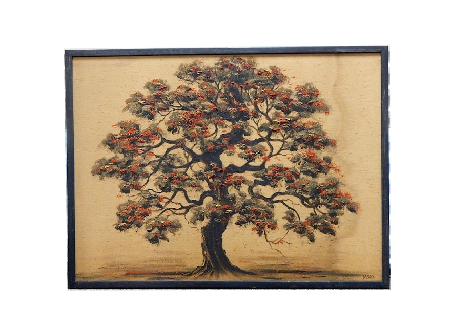Original Oil Painting on Silk of Tree Signed "Maury"