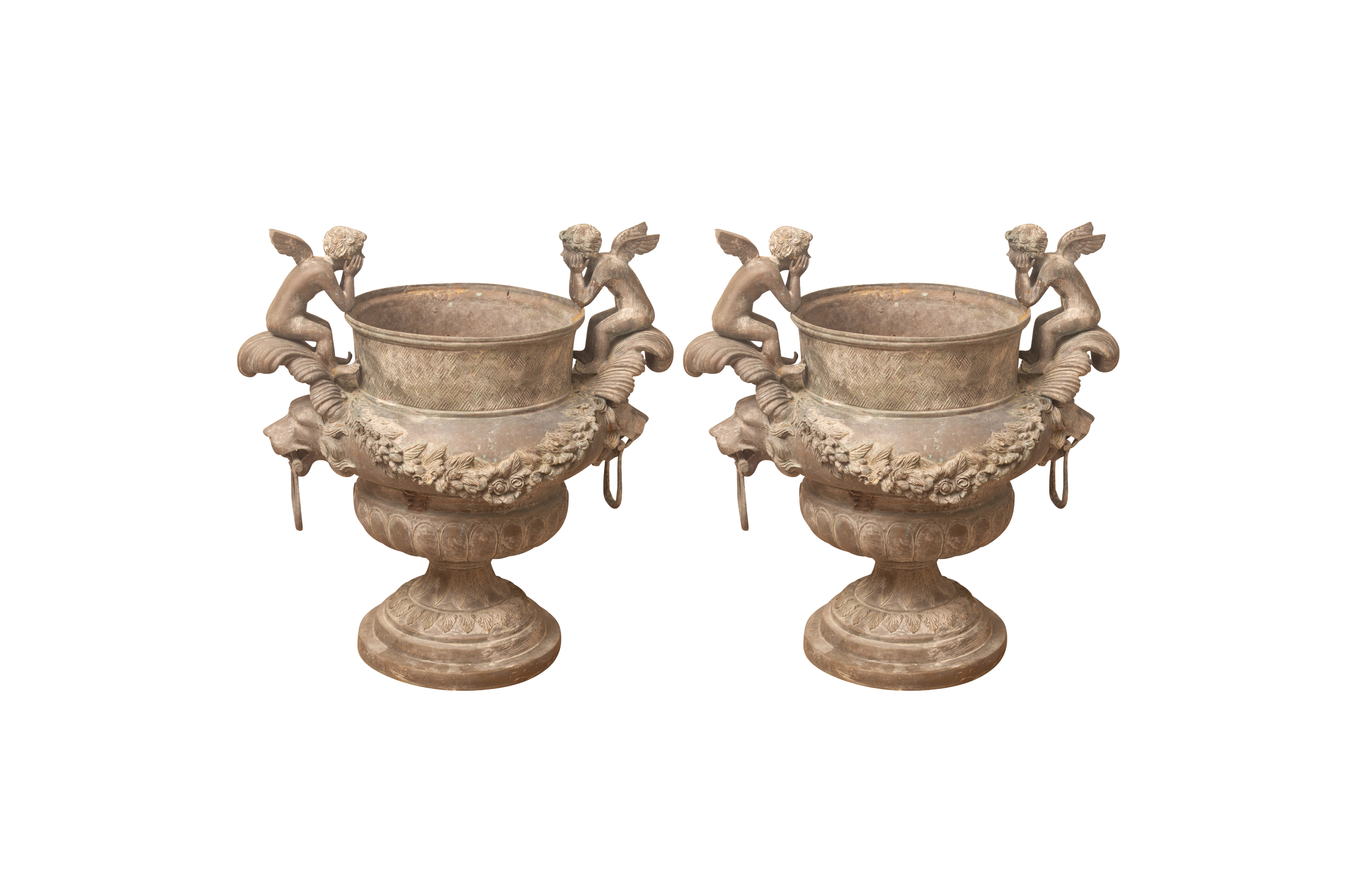 Pair of Rococo Style Putti Decorated Bronze-Tone Metal Urn Planters