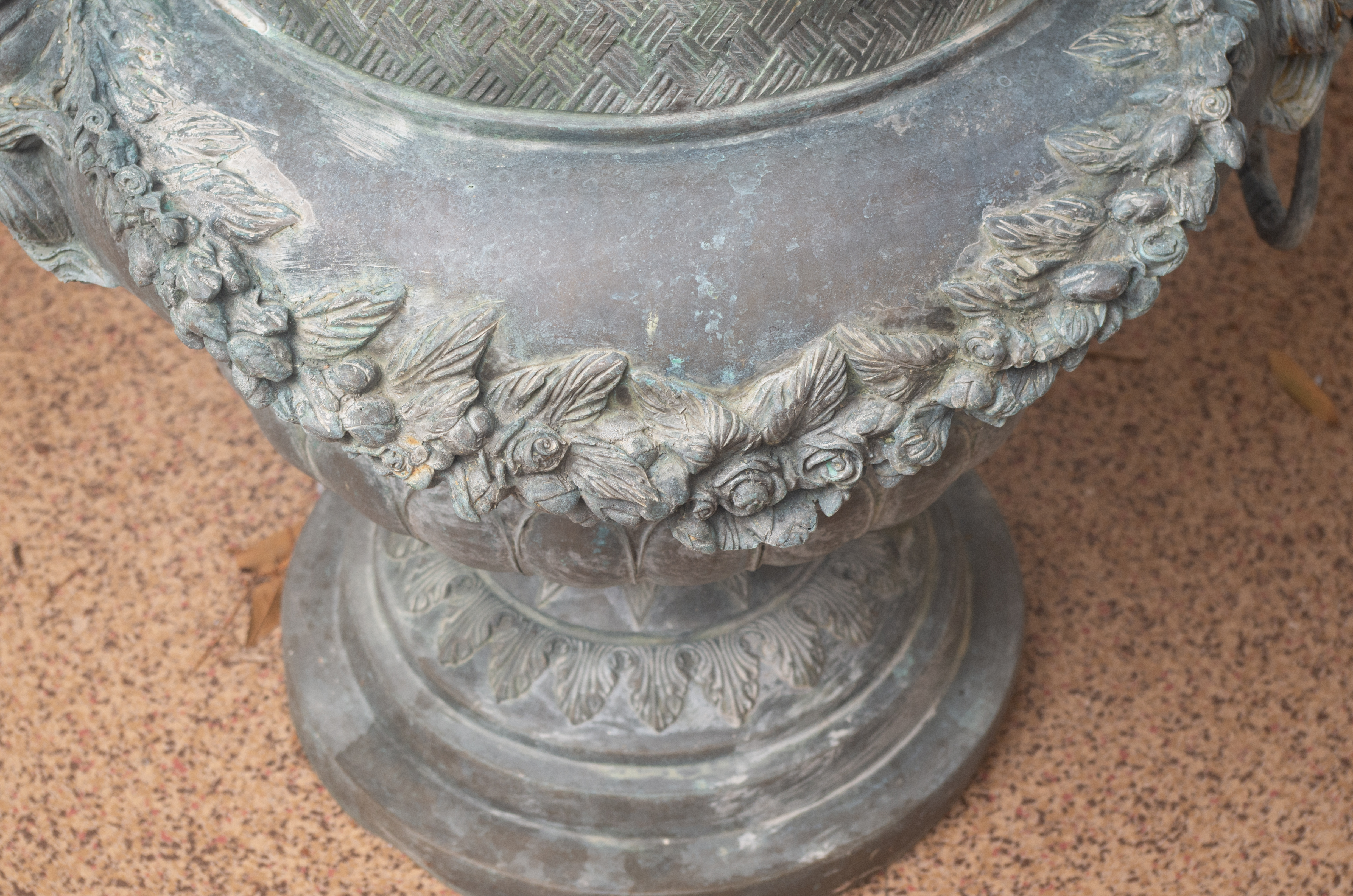 Pair of Rococo Style Putti Decorated Bronze-Tone Metal Urn Planters
