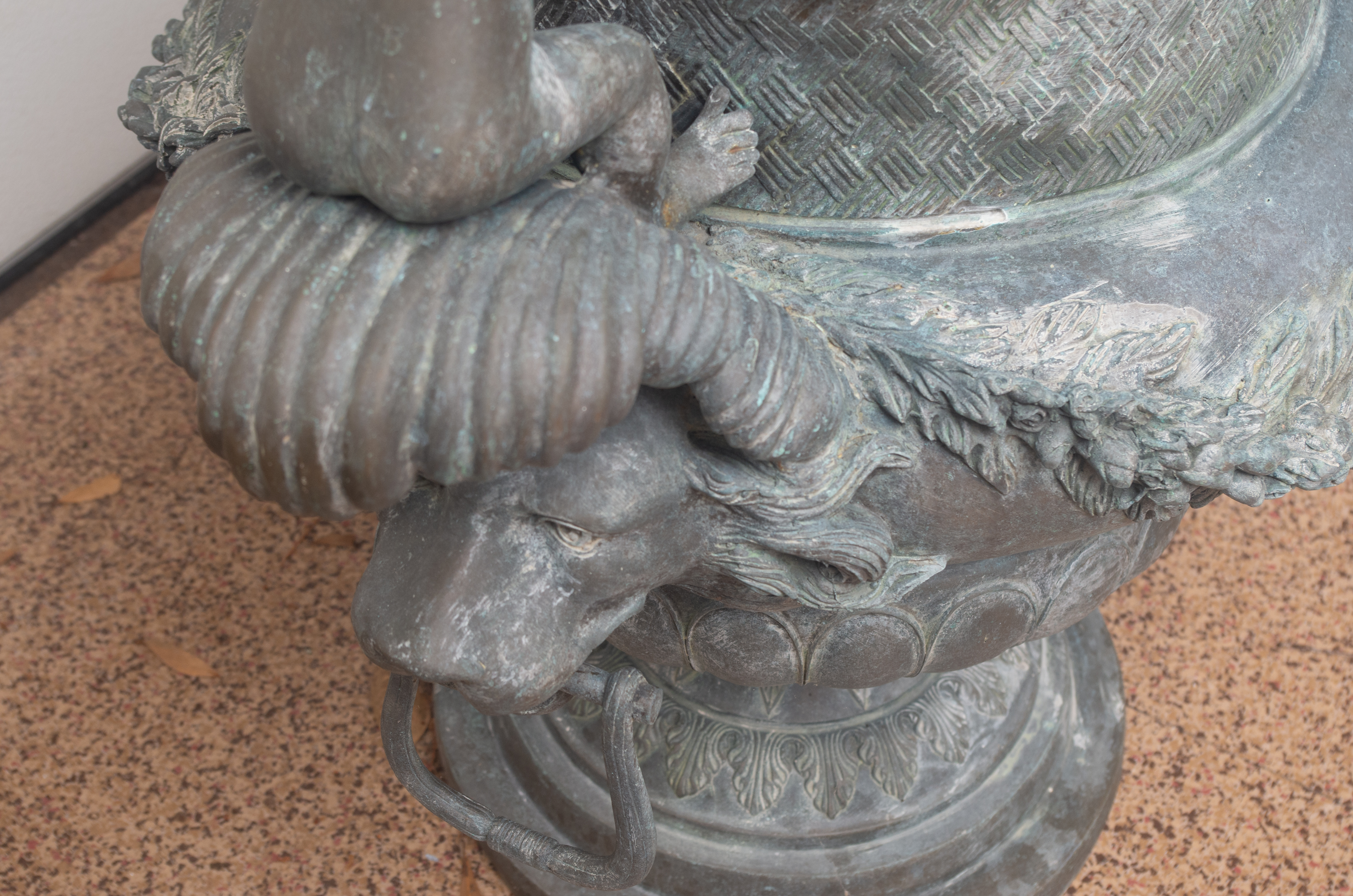 Pair of Rococo Style Putti Decorated Bronze-Tone Metal Urn Planters