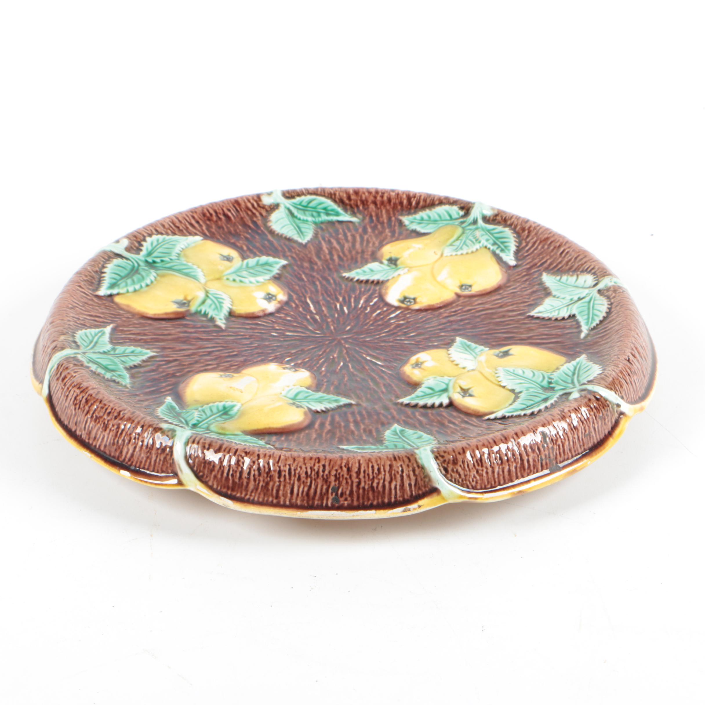 Antique English Majolica Pear and Bark Bread Plate