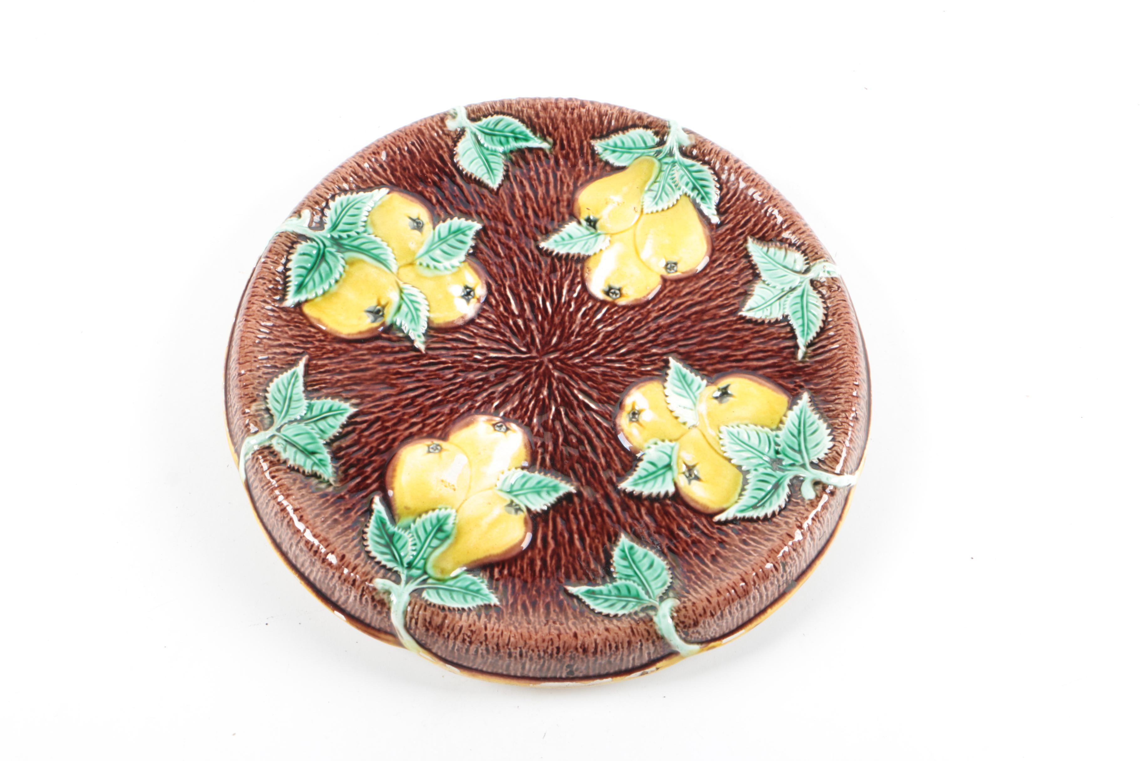Antique English Majolica Pear and Bark Bread Plate