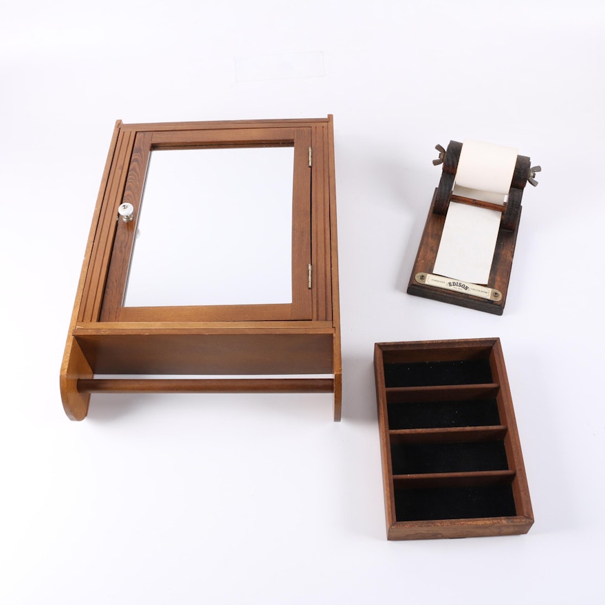 Wooden Wall Cabinet with Small Shelves and Rolling Note Pad Dispenser