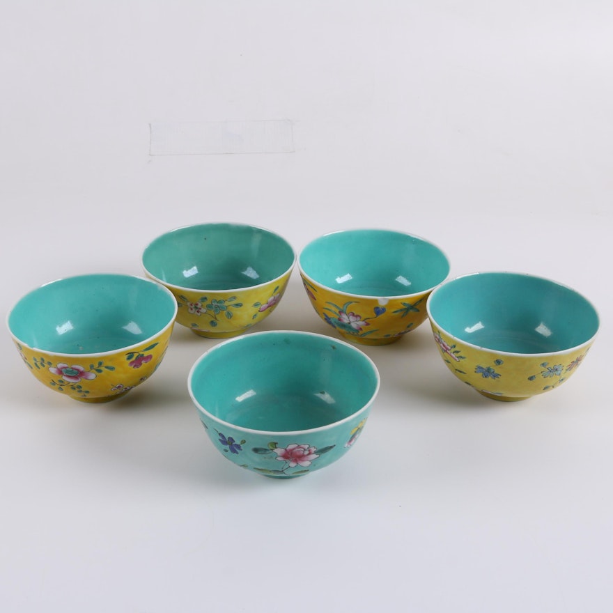 Vintage Chinese Footed Floral Rice Bowls in Aqua and Yellow