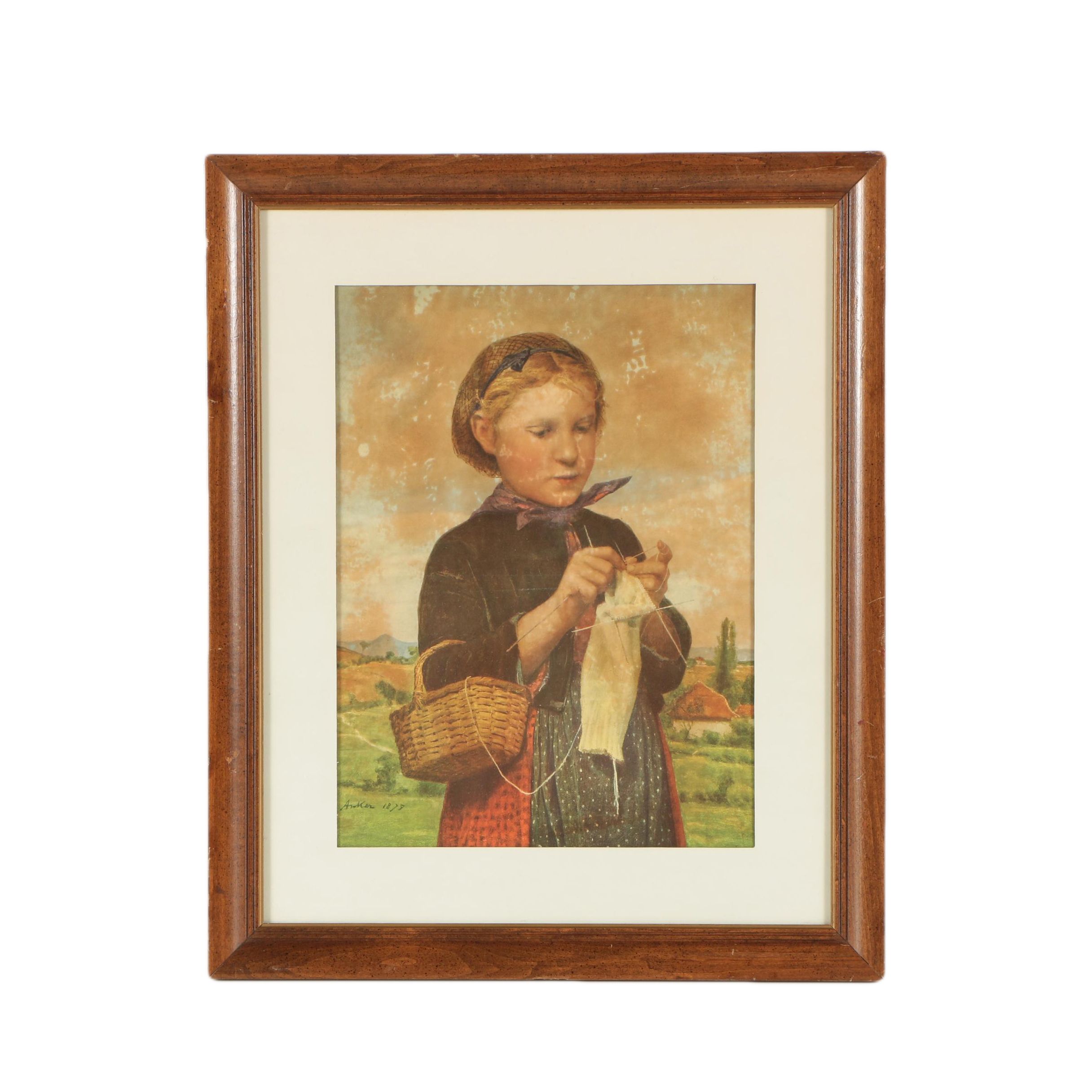 Lithograph After Albert Anker "Girl Knitting"