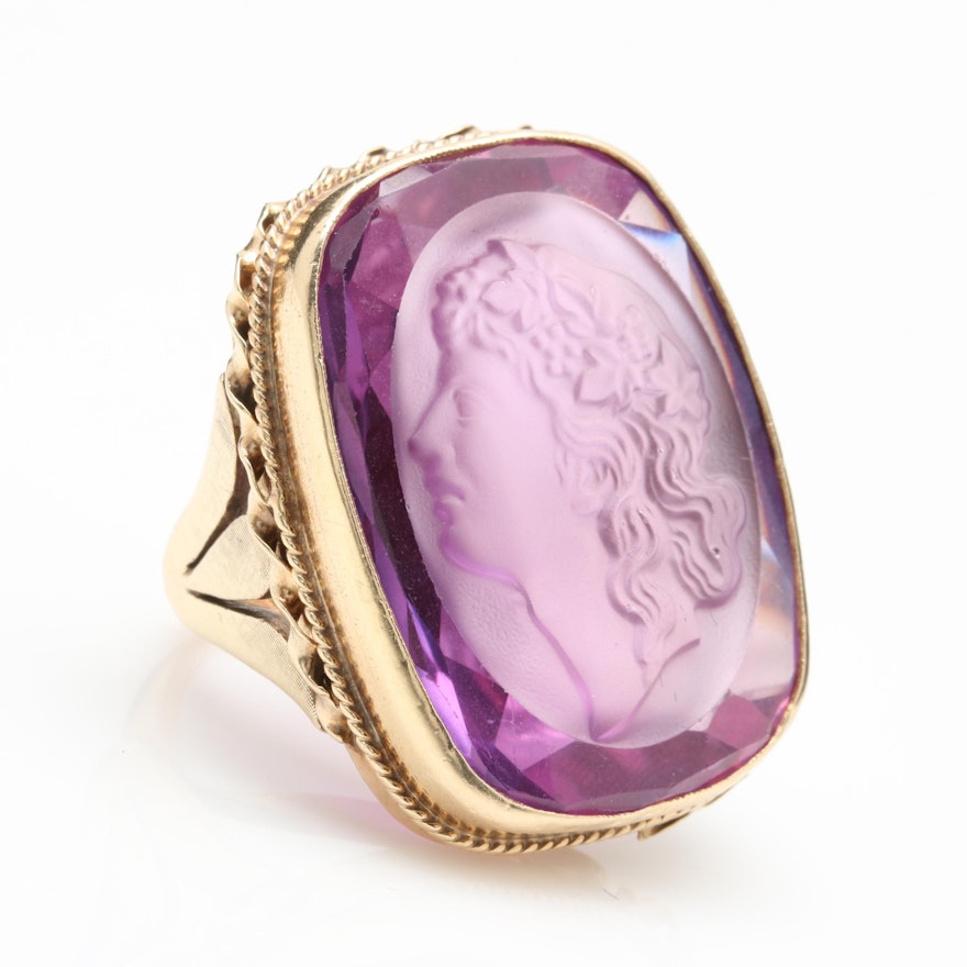 14K Yellow Gold Synthetic Color Change Sapphire Cameo Ring