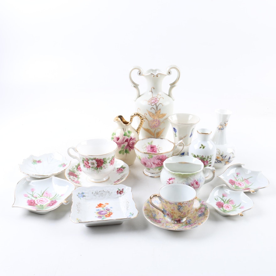 Vintage Porcelain Teacups with Vases and Decor Accessories