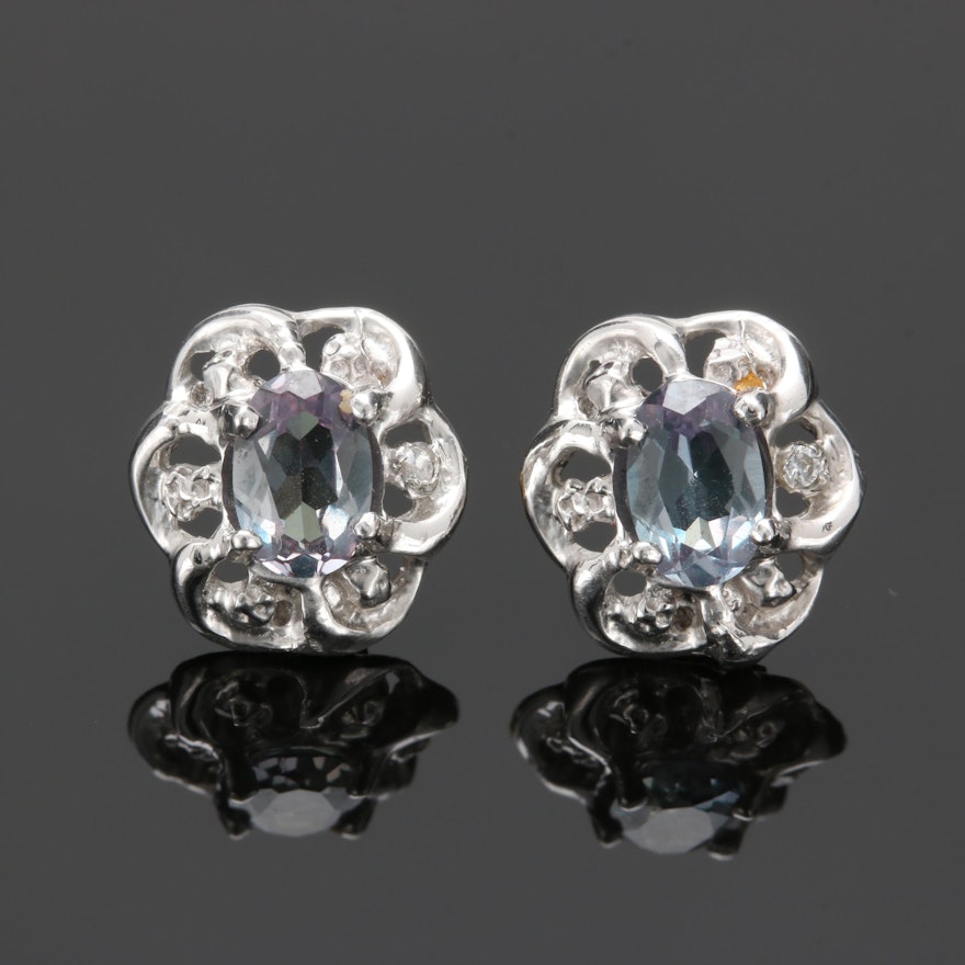 14K White Gold Synthetic Color Change Sapphire and Cubic Zirconia Earrings