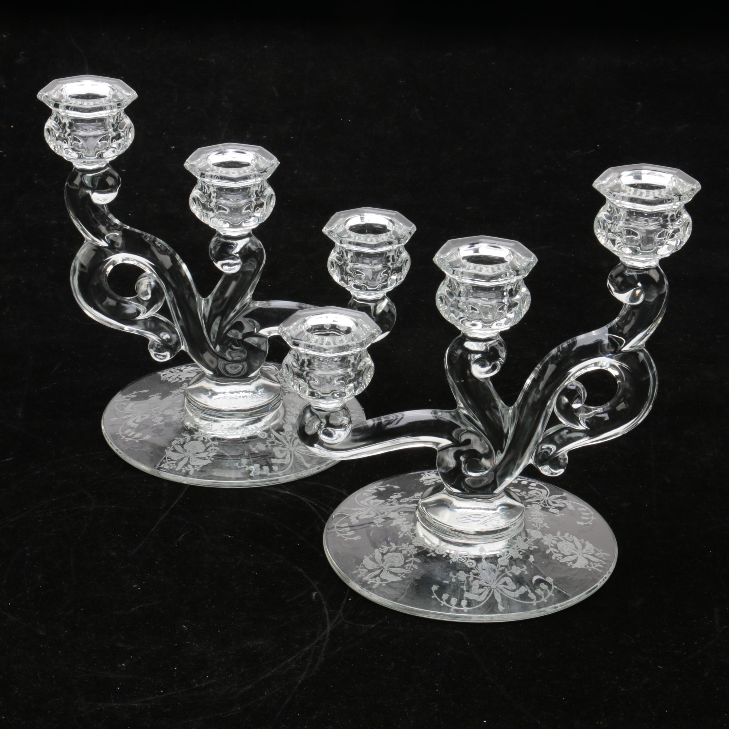 Floral Etched Depression Glass Candelabras EBTH
