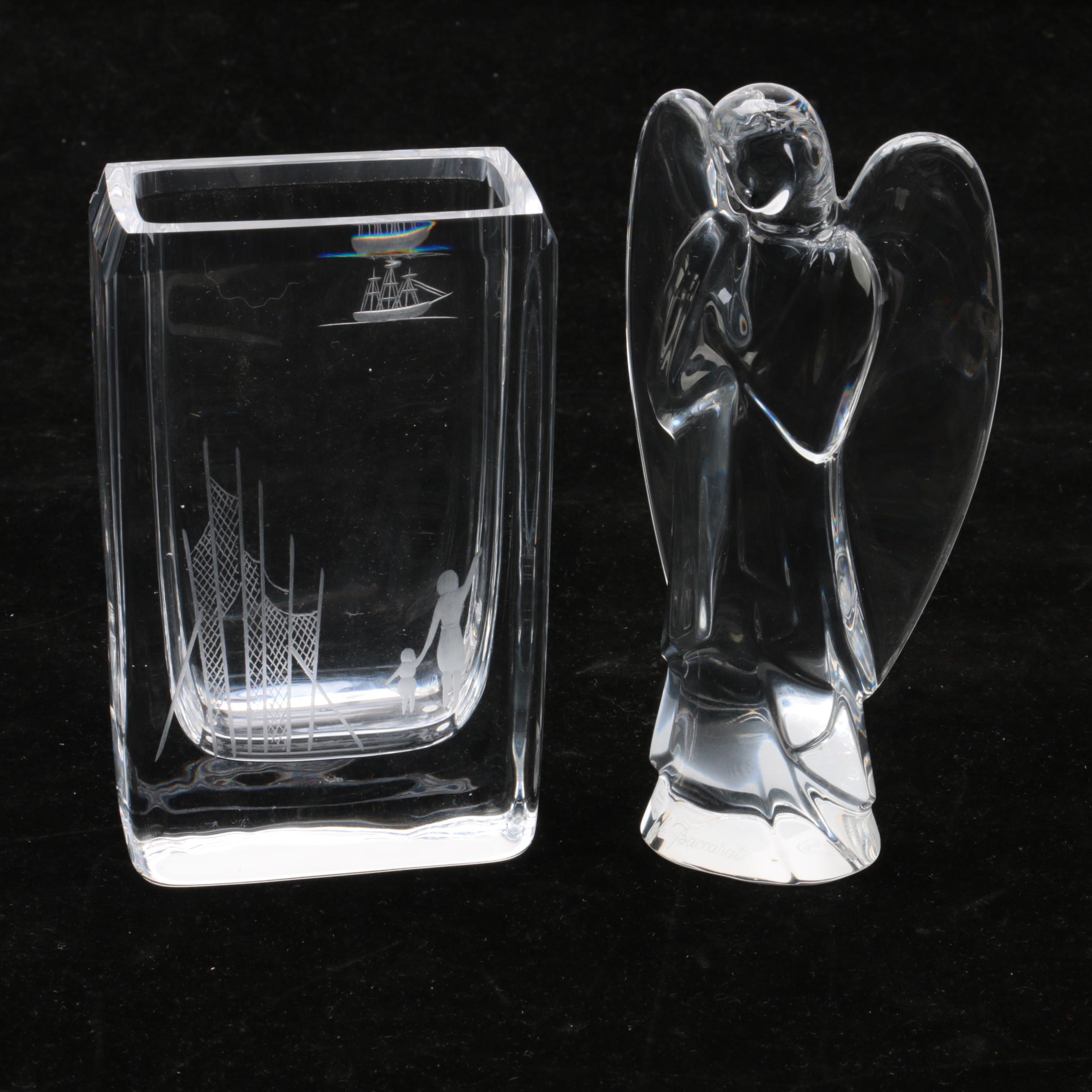 Baccarat Crystal Angel with Edenfalk Skruf Etched Vase