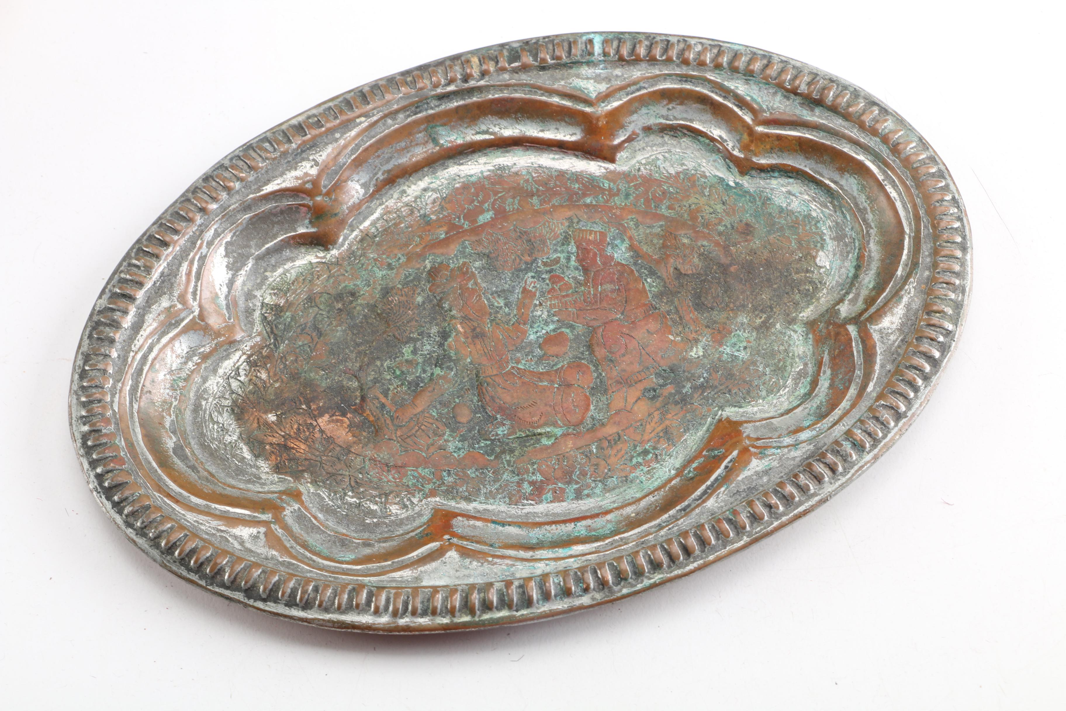 Grouping of Copper Plates, Bowls and Candleholder