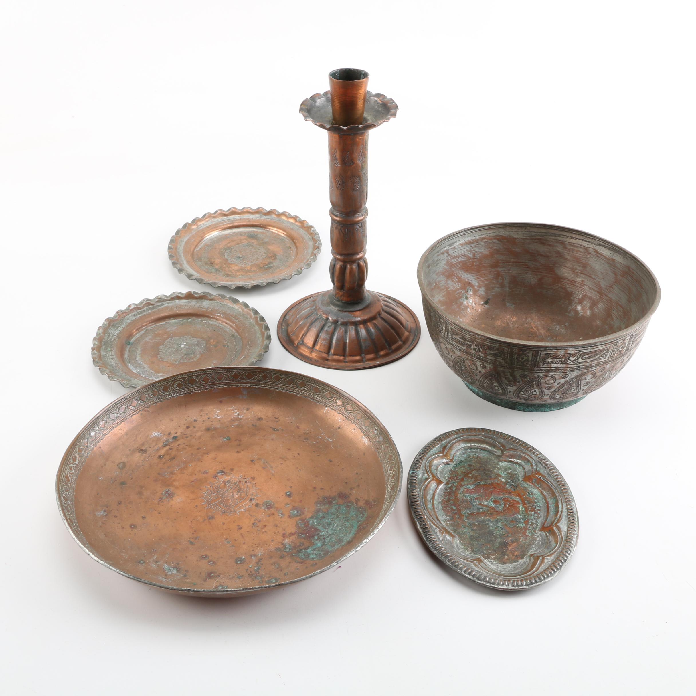 Grouping of Copper Plates, Bowls and Candleholder
