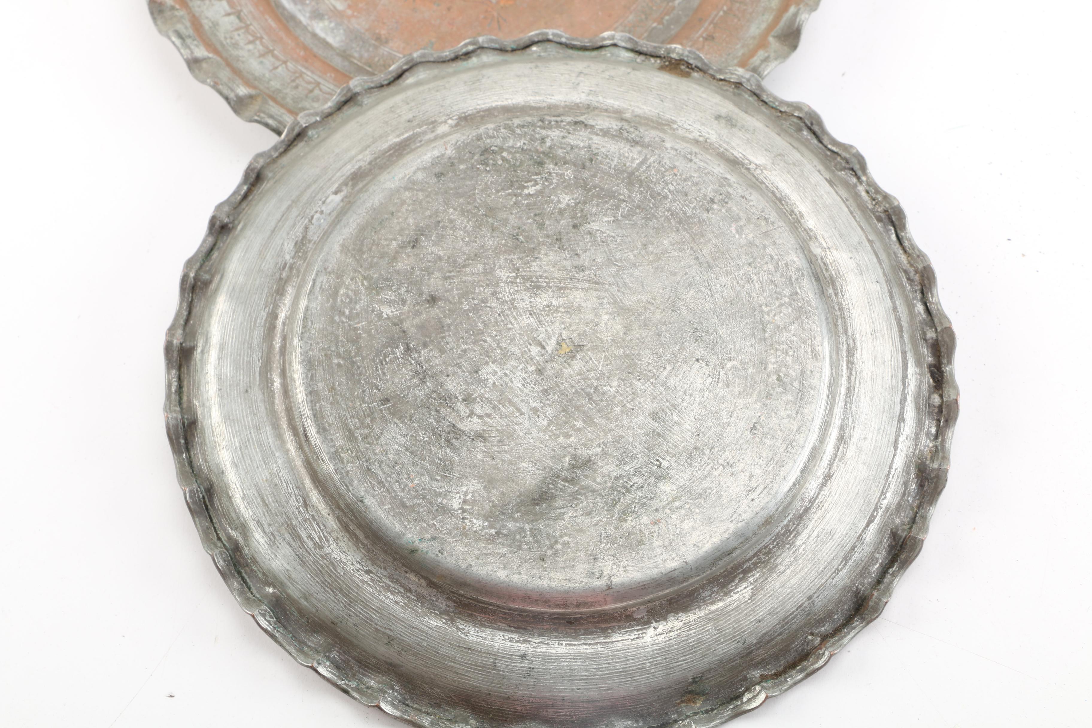 Grouping of Copper Plates, Bowls and Candleholder