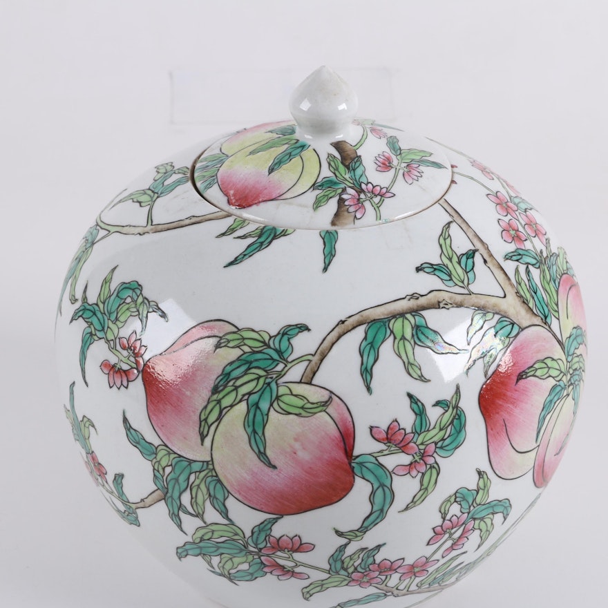 Chinese Ceramic Peach Motif Lidded Jar