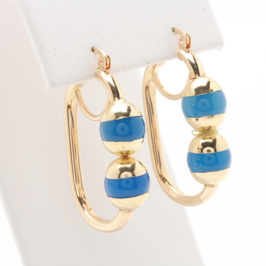 14K Yellow Gold Blue Chalcedony Oval Hoop Earrings