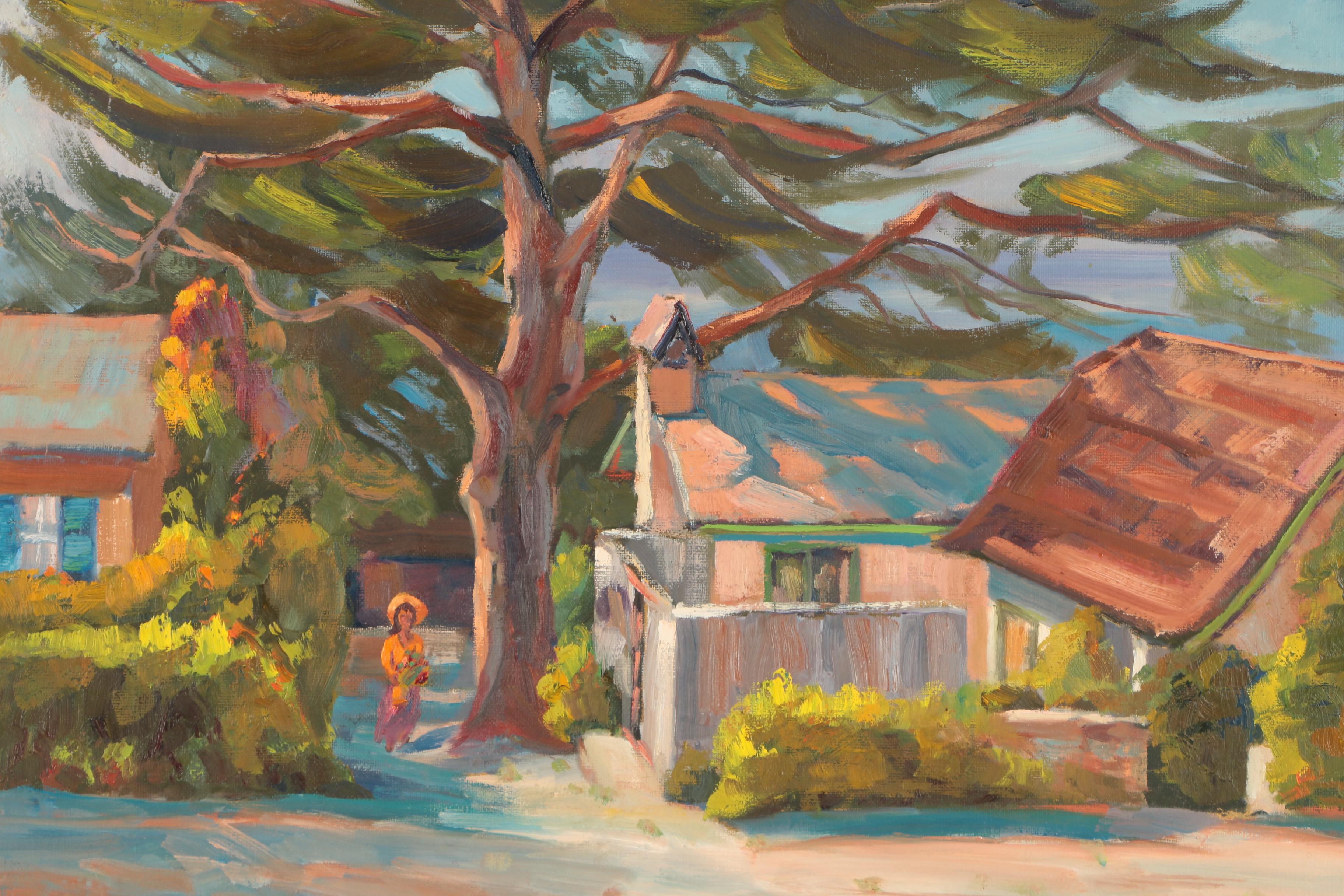 Edward J. Hummer Oil Painting of Sunlit Village with Shade Tree