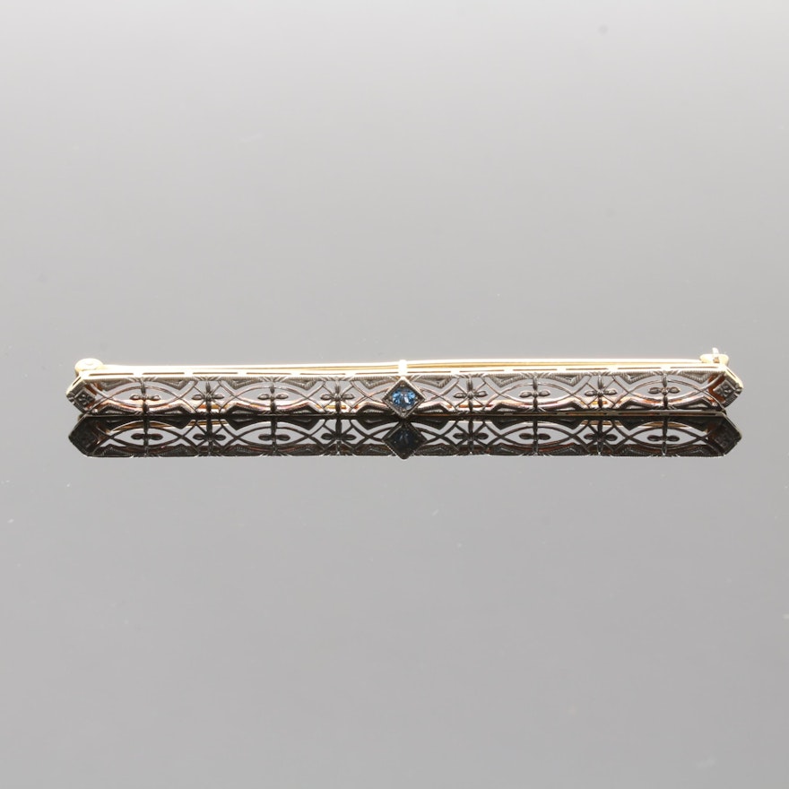 14K Yellow Gold Sapphire Bar Brooch with 14K White Gold Setting