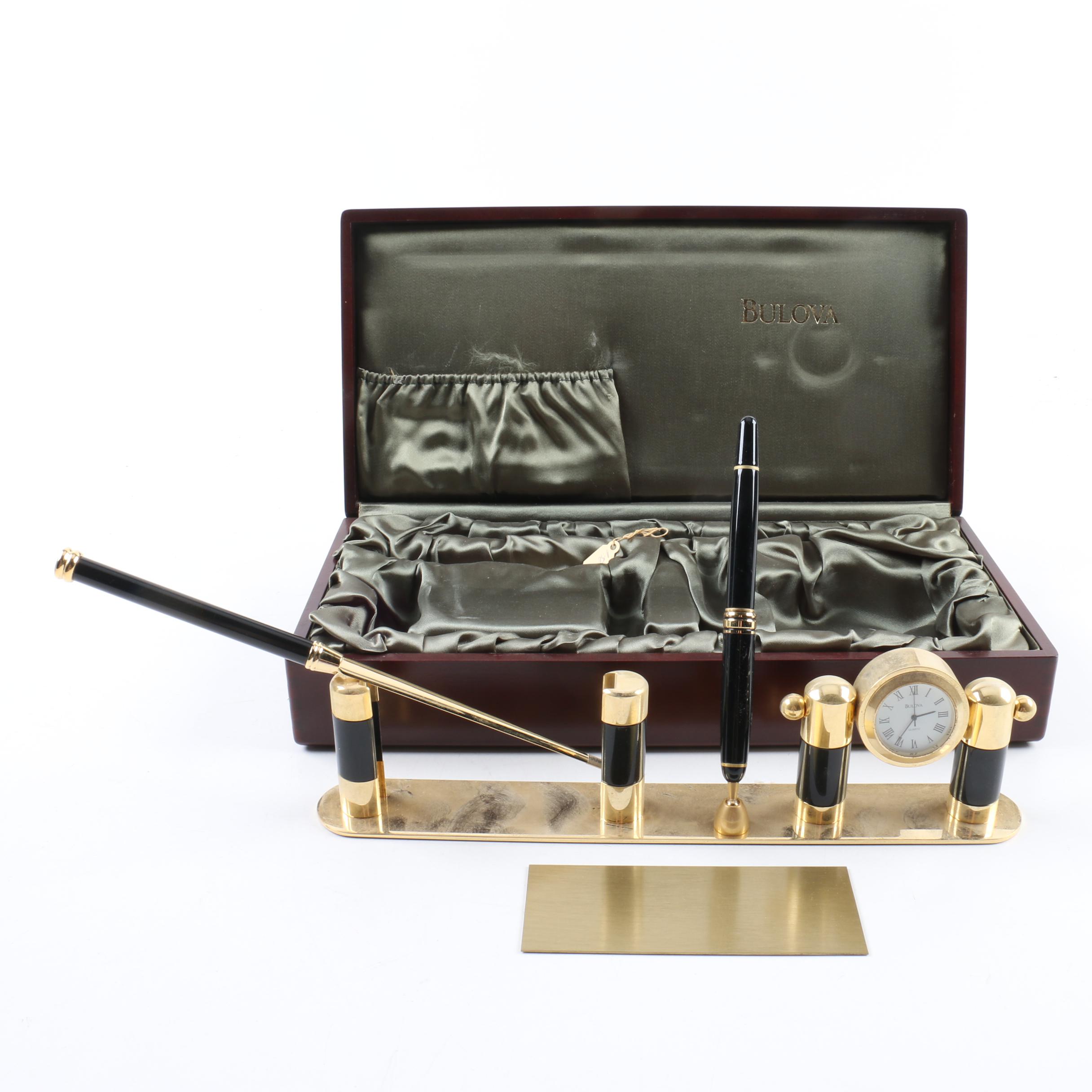 Bulova Clock Pen Holder with Case, Pen and Letter Opener