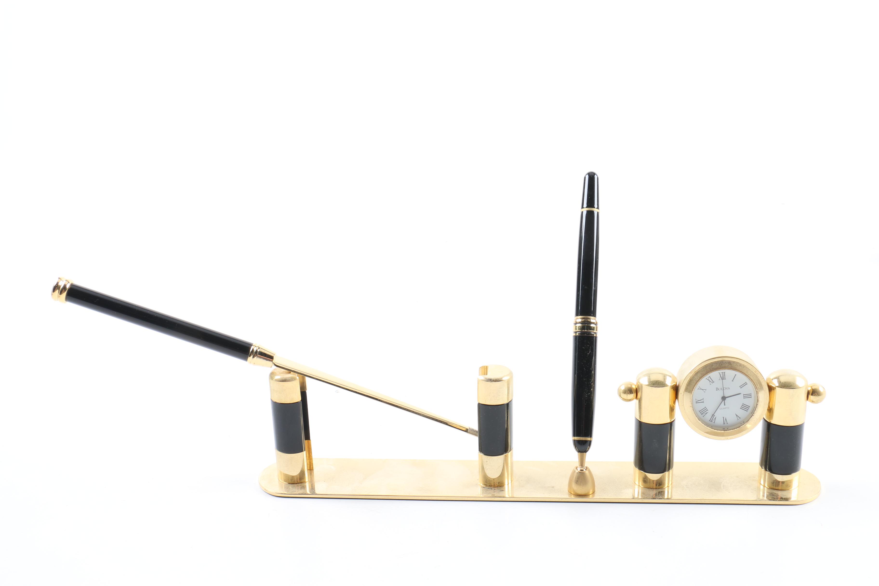 Bulova Clock Pen Holder with Case, Pen and Letter Opener